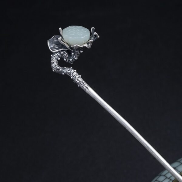 Antique Chinese Silver Hair Pin jade and flower details