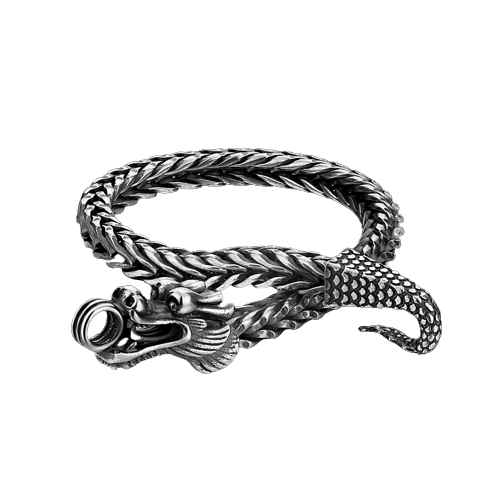 Sterling Naga Dragon Bracelet on Leather - Mans Dragon Bracelet in Silver