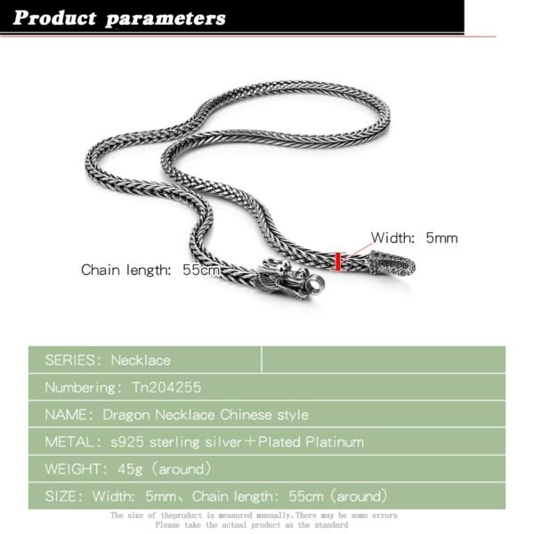 Sterling Silver Dragon Necklace measures and infography