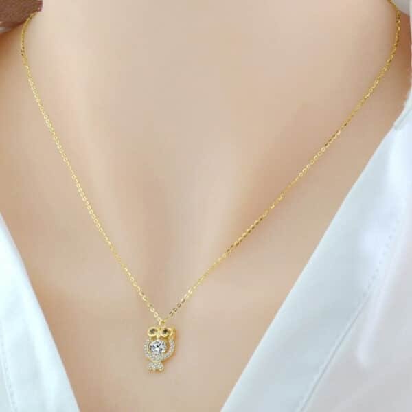 Silver Owl Necklace golden on neck