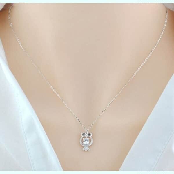 Silver Owl Necklace white on neck