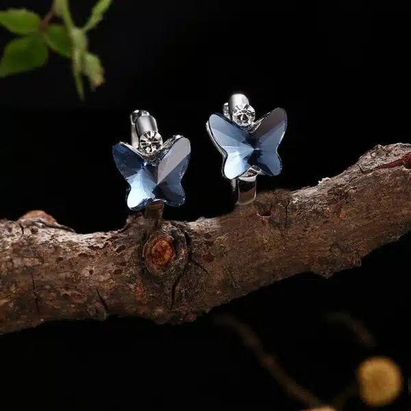 Sterling Silver Crystal Butterfly Earrings blue face view