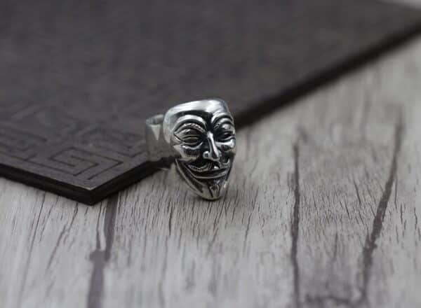 Silver Drama Mask Ring up view