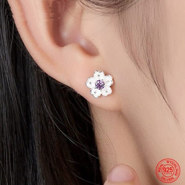 Cherry Blossom Earrings Silver on ear