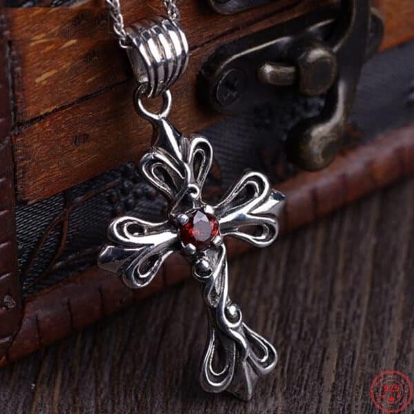 Garnet And Silver Cross Pendant face view