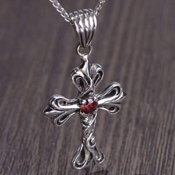 Garnet And Silver Cross Pendant up view