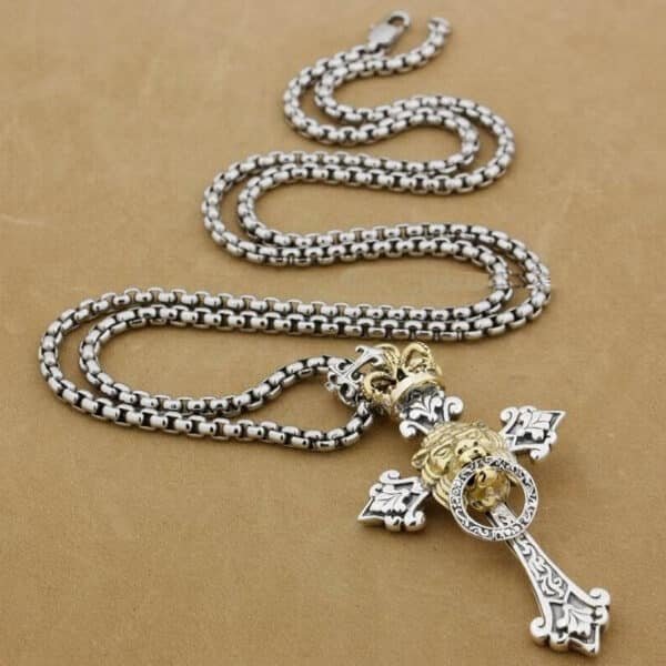 Royal Lion Cross 925 Sterling Silver Mens Pendant up view with necklace