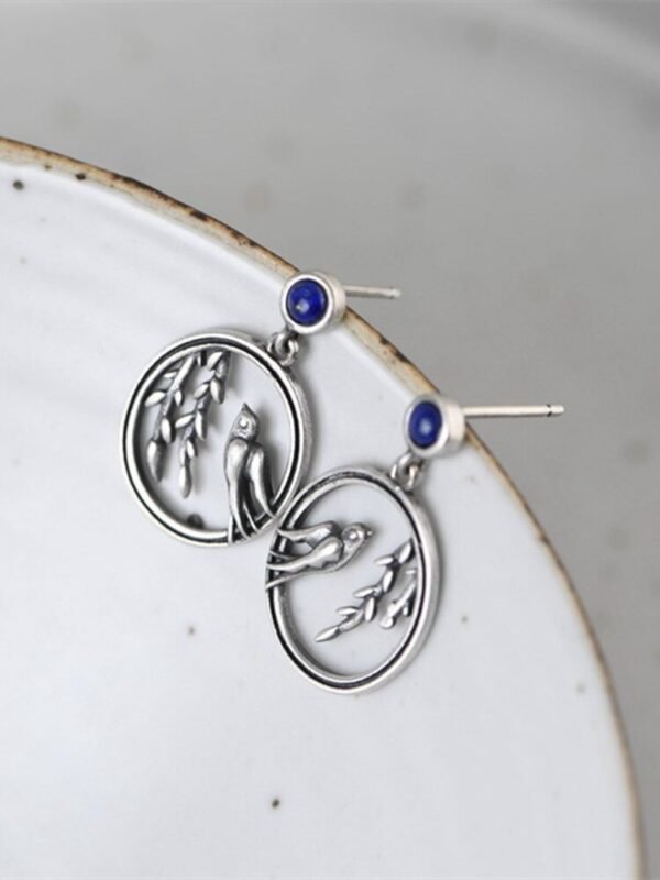 Silver Bird Earrings blue details