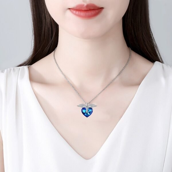 Blue Heart Crystal Necklace on neck