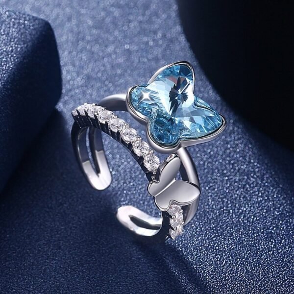 Crystal Butterfly Silver Ring face view
