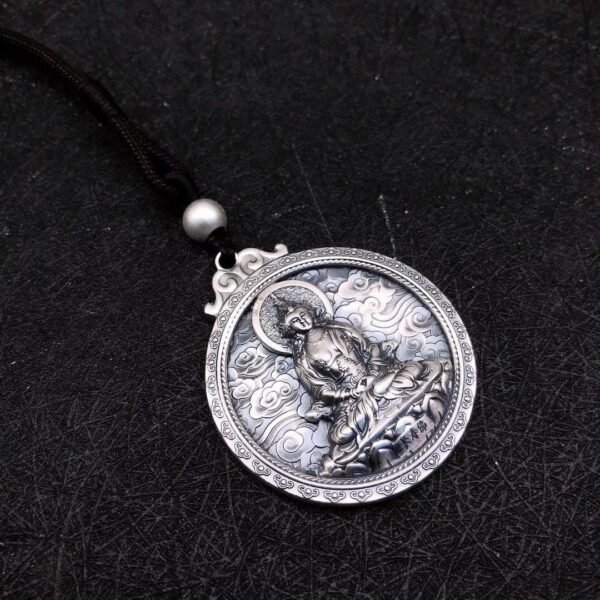 Buddha Silver Medallion Necklace up view