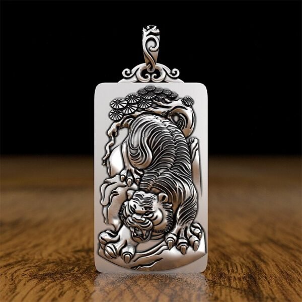 999 Silver Pendant carved tiger medallion amber