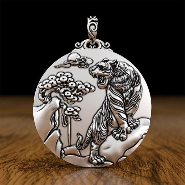 999 Silver Pendant carved tiger medallion pearl white