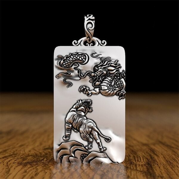 999 Silver Pendant carved tiger medallion pink