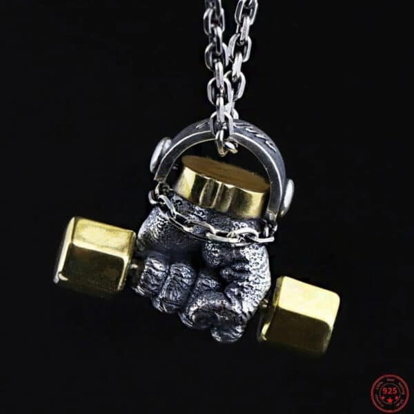 Silver Pendant 925 dumbbell strength face view