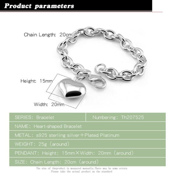 Silver Bracelet 925 heart pendant measures and details