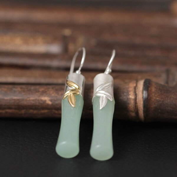 Silver Earrings 925 jade tube leaf up golden
