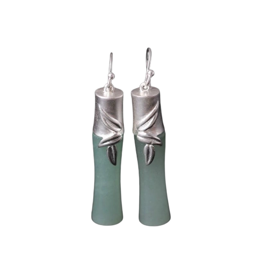 Silver Earrings 925 jade tube leaf