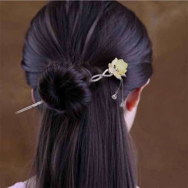 Silver Hair Pins jade flower on bun