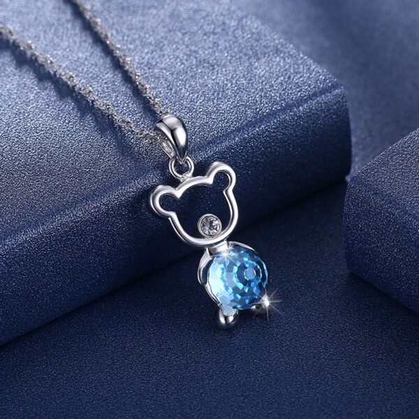 Silver Necklace 925 crystal teddy bear blue face view