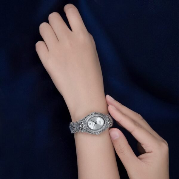 Silver Watch Women oval case white on wrist