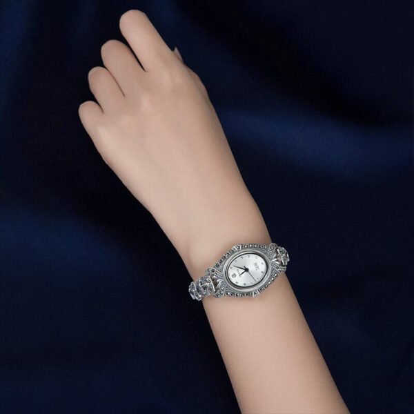 Silver Watch Women oval marcasite on wrist