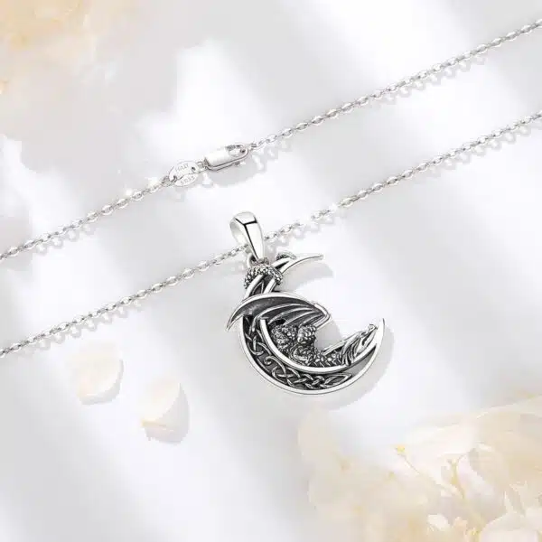 Silver Pendant 925 dragon moon up view on necklace