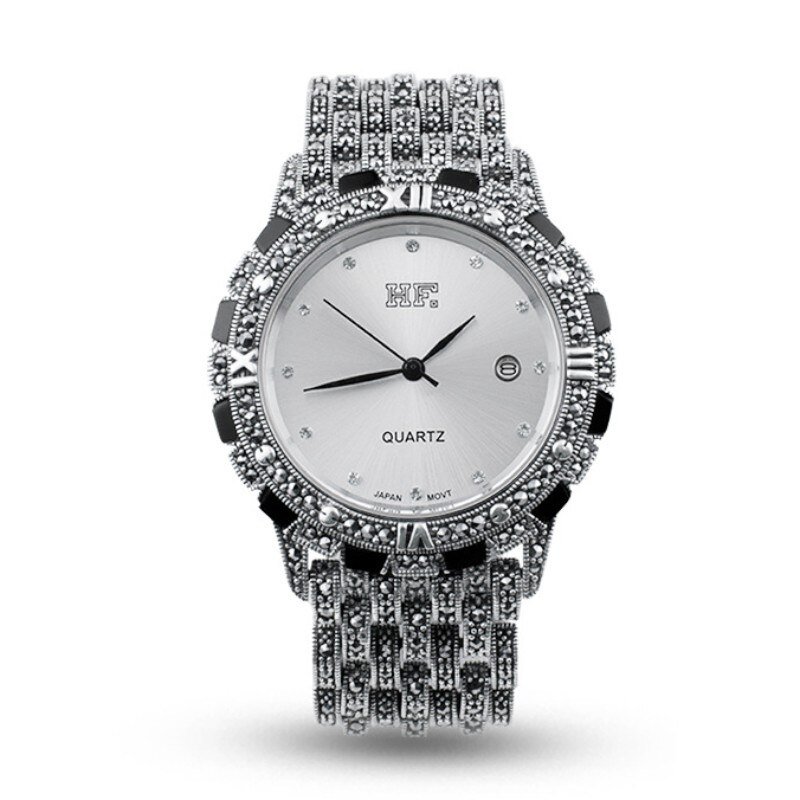 Luxury Watch Women STERLING SILVER 925 Watches Marcasite Wide 
