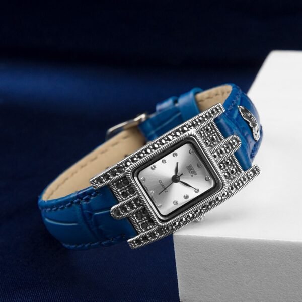 Silver Watch Women leather square face view