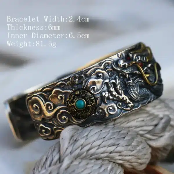Silver Bracelet 925 large dragon bangle details and measures