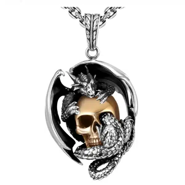 Silver Pendant 925 golden skull and dragon demo