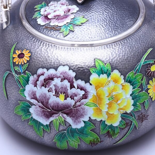 Silver Tea Set flower painted kettle details painting